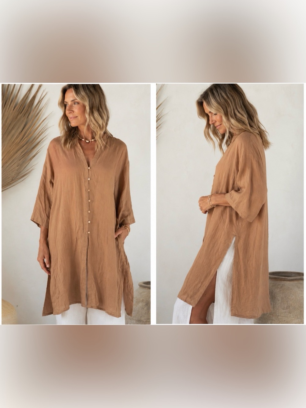 VIVID LINEN Tunic Button up 2x Tan Coastal Grandma Boho Chic Earthcore
